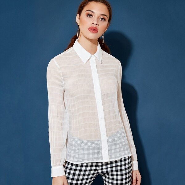

Sheer Striped Gathered Sleeve Shirt, White