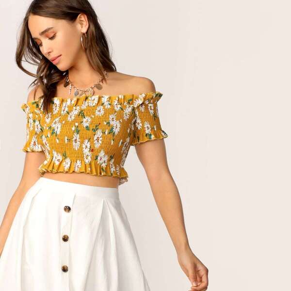 

Off Shoulder Frill Trim Shirred Crop Blouse
