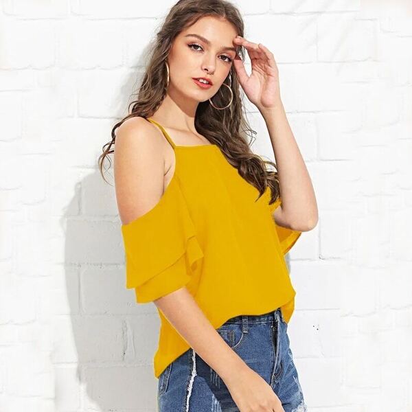 

Cold Shoulder Layered Sleeve Top, Yellow