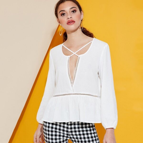 

V Neck Lace Trim Long Sleeve Top, White
