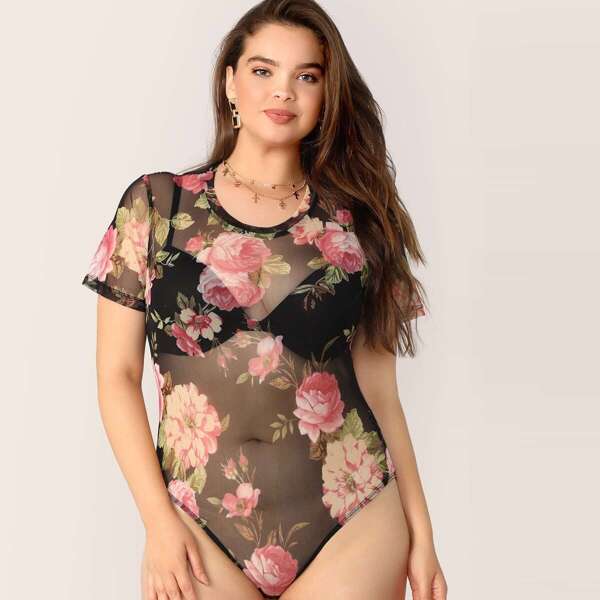 

Plus Floral Print Sheer Mesh Bodysuit Without Bra