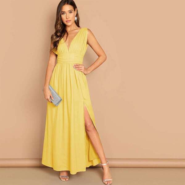 

Plunging Neck Zip Back High Split Ruched Dress, Yellow pastel