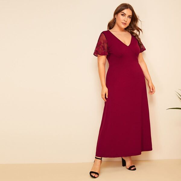 

Plus Embroidered Mesh Sleeve Jersey Dress