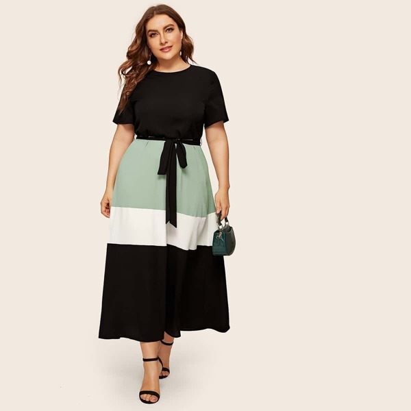 

Plus Cut & Sew Dress With Belt, Multicolor