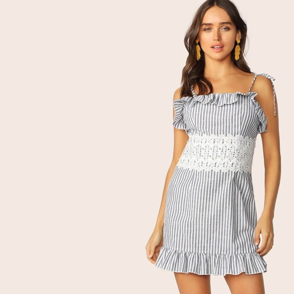 

Striped Guipure Lace Waist Ruffle Hem Cami Dress