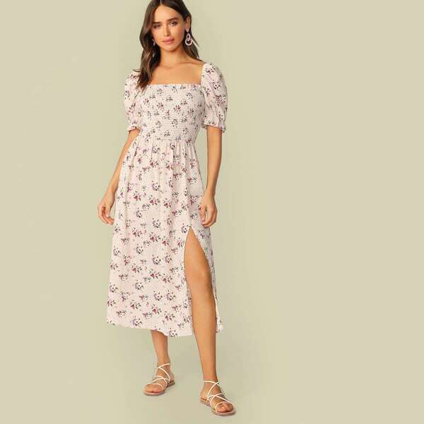

Ditsy Floral Split Thigh Shirred Dress, Beige