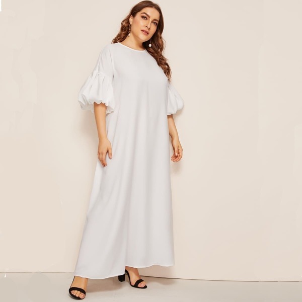 

Plus Keyhole Back Drop Puff Sleeve Tunic Dress, White