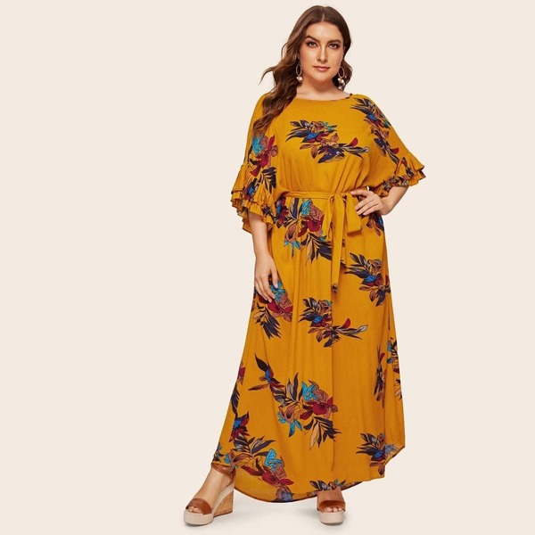 

Plus Layered Ruffle Trim Belted Botanical Dress, Yellow