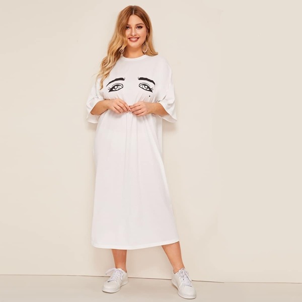 

Plus Drop Shoulder Eyes Print Tee Dress, White