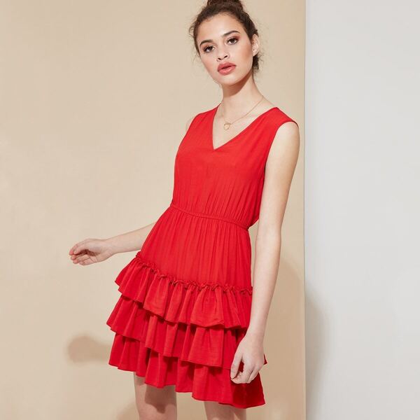 

V Neck Sleeveless Frill Dress, Red bright