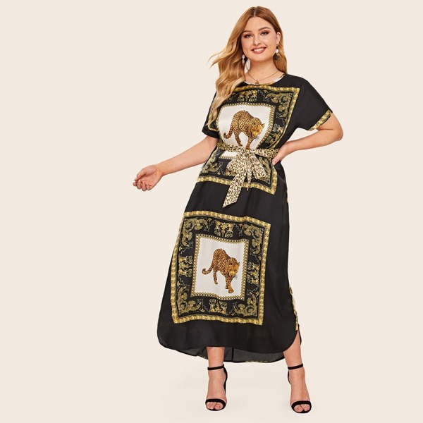 

Plus Animal Scarf Print Belted Maxi Tunic Dress, Multicolor