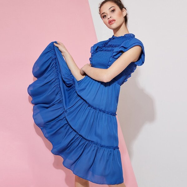 

Ruffle and Shirred Detail Midi Dress, Blue bright