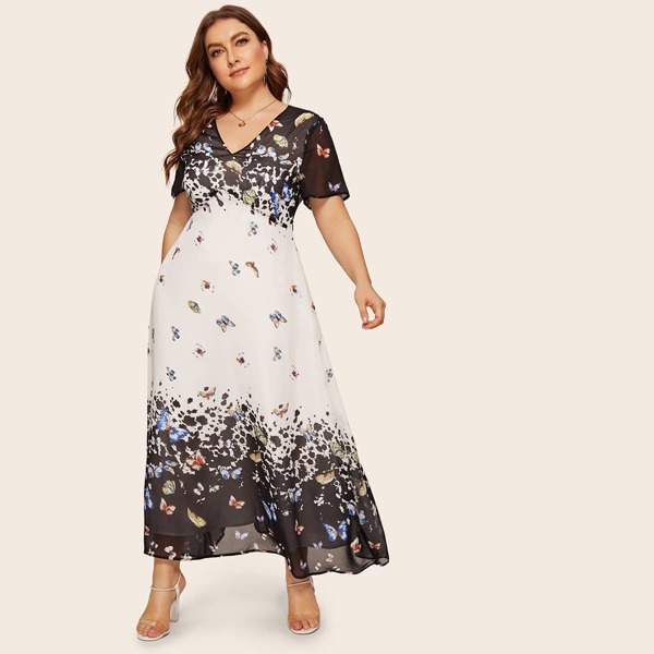 

Plus V-neck Mesh Overlay Butterfly Print Dress, Multicolor