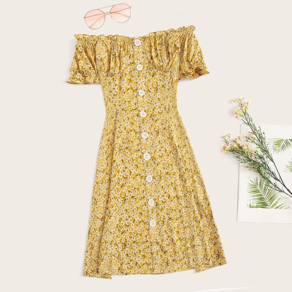 

Plus Frill Off Shoulder Button Up Ditsy Dress, Yellow