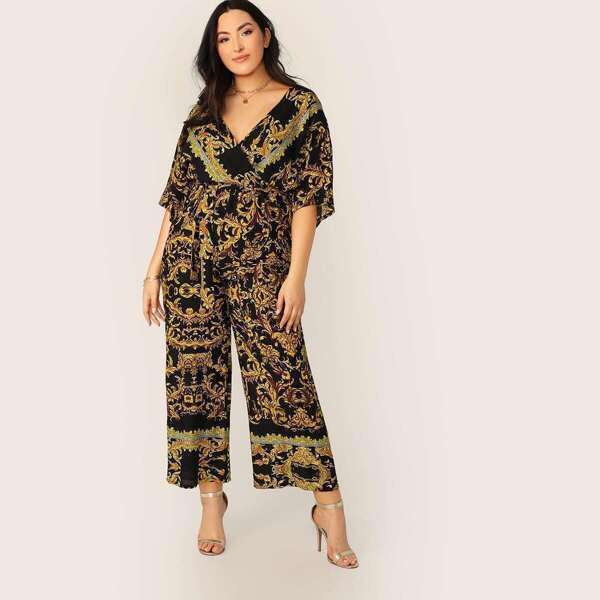 

Plus Baroque Pint Wrap Belted Wide Leg Jumpsuit, Multicolor