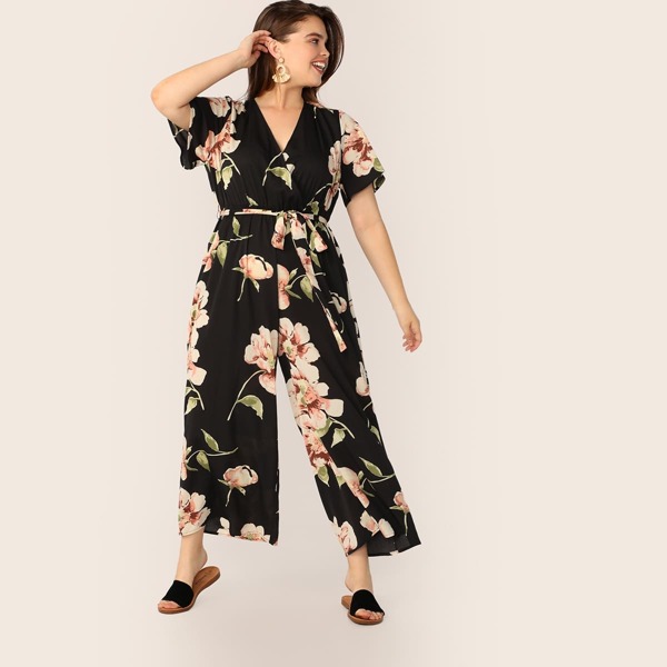 

Plus Floral Print Wrap Belted Wide Leg Jumpsuit, Multicolor