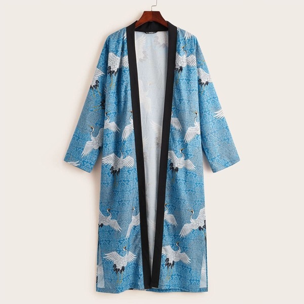 

Red-crowned Crane Print Contrast Trim Kimono