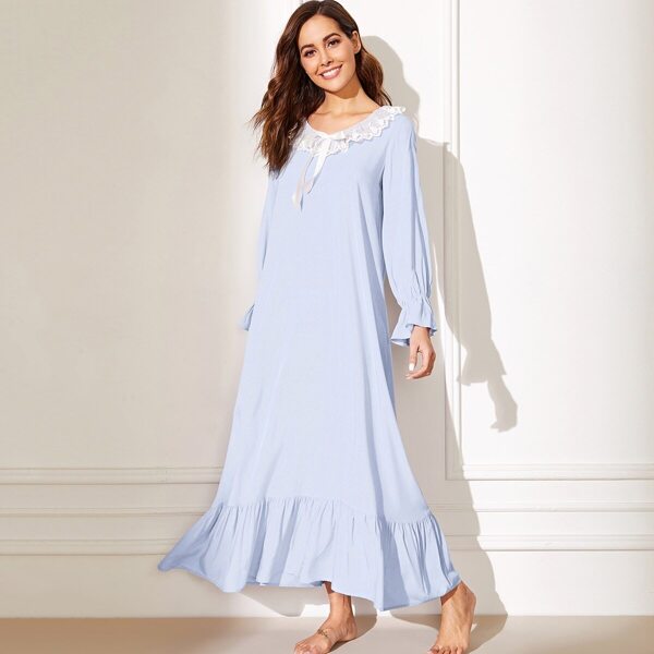 

Embroidered Mesh Ruffle Trim Bell Sleeve Nightdress