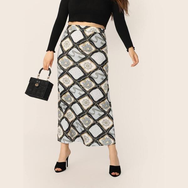 

Plus Elastic Waist Scarf Print Skirt