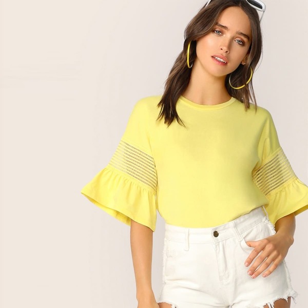 

Flounce Hem Lace Insert Tee, Yellow bright