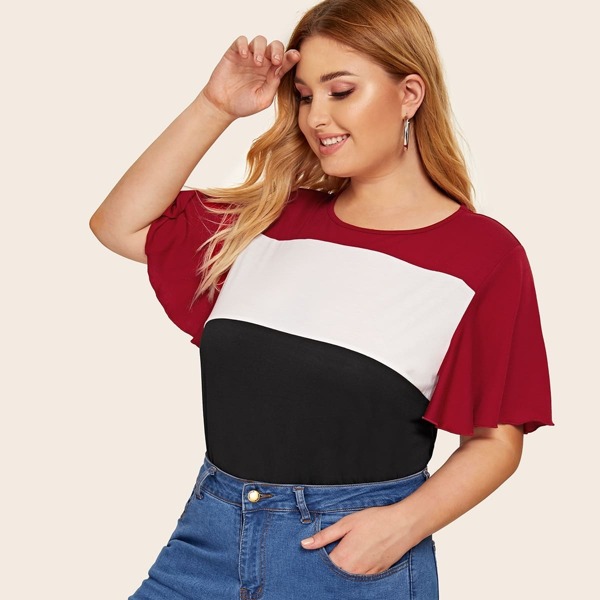 

Plus Flutter Sleeve Colorblock Top