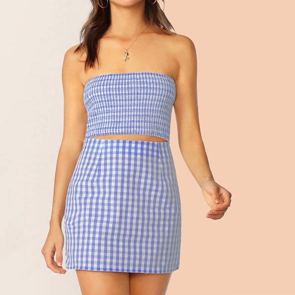 

Checker Shirred Bandeau Crop Top & Skirt Set
