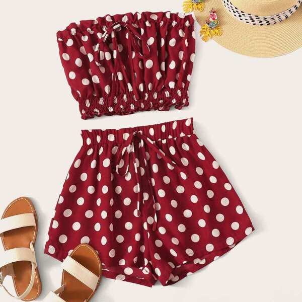 

Polka Dot Knot Ruffle Trim Shirred Top & Shorts Set