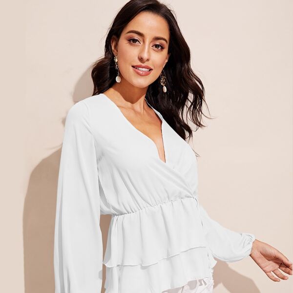 

Plunging Neck Lantern Sleeve Double Layer Wrap Top