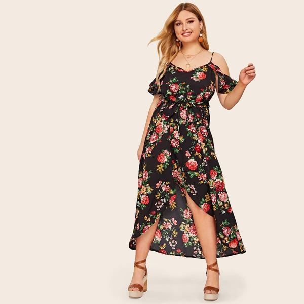 

Plus Floral Print Cold Shoulder Wrap Belted Dress, Multicolor