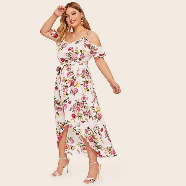 

Plus Floral Print Cold Shoulder Wrap Belted Dress