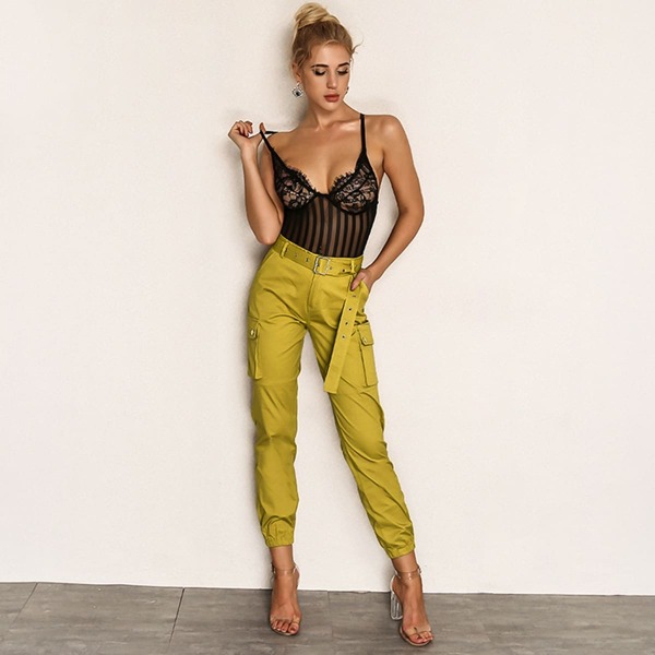 

Self Buckle Belt Cargo Pants, Mustard yellow