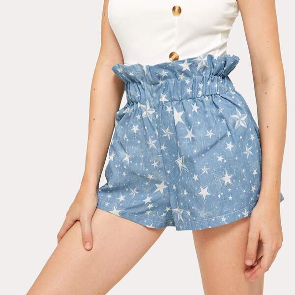 

Star Print Ruffle Trim Denim Shorts