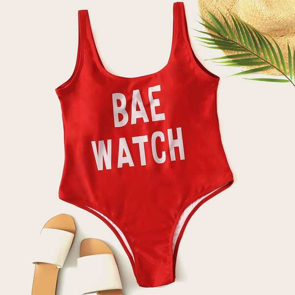 Plus Letter Print One Piece Swimwear, Red