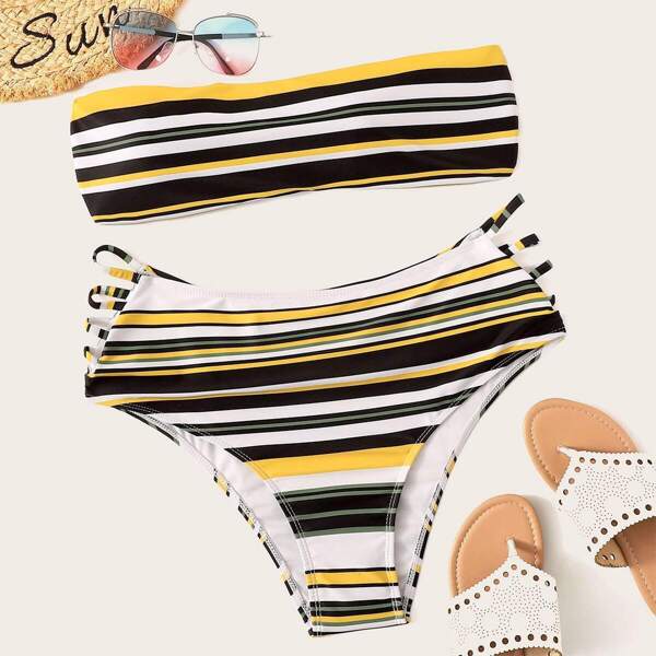 

Plus Striped Bandeau With High Waist Bikini Set, Multicolor