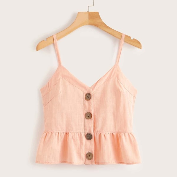 

Button Front Ruffle Hem Cami Top, Pink