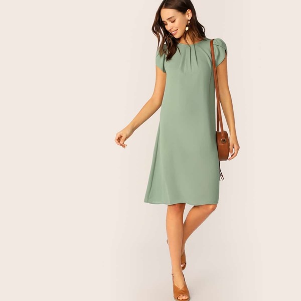

Petal Sleeve Pleated Front Dress, Green pastel