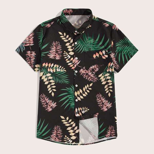 

Men Leaf Print Curved Hem Shirt, Multicolor