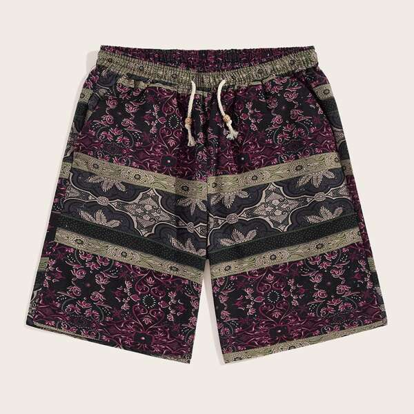 

Men Scroll & Aztec Print Drawstring Bermuda Shorts