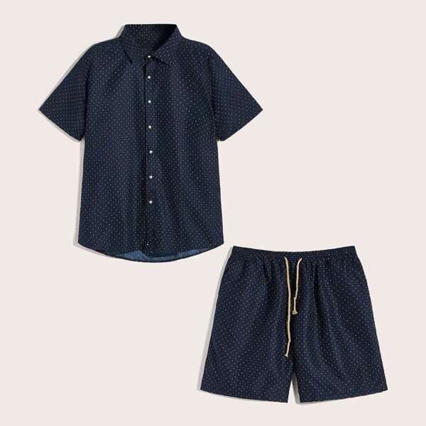 

Men Polka Dot Curved Hem Shirt With Bermuda Shorts
