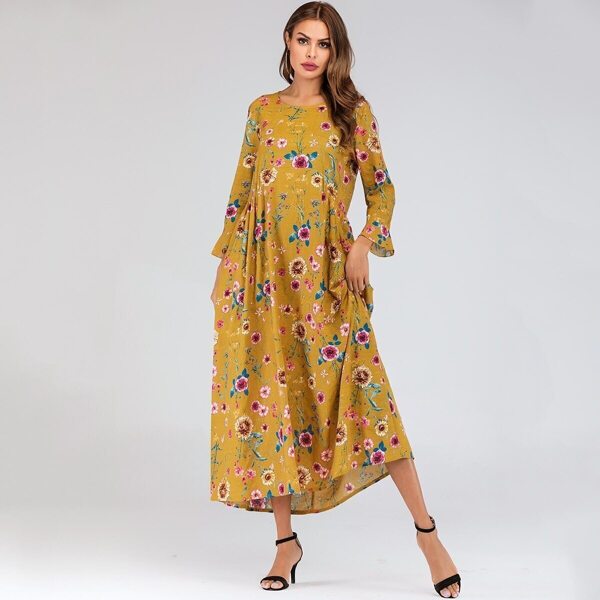 

Ditsy Floral Print Hidden Pocket Flounce Sleeve Dress, Yellow