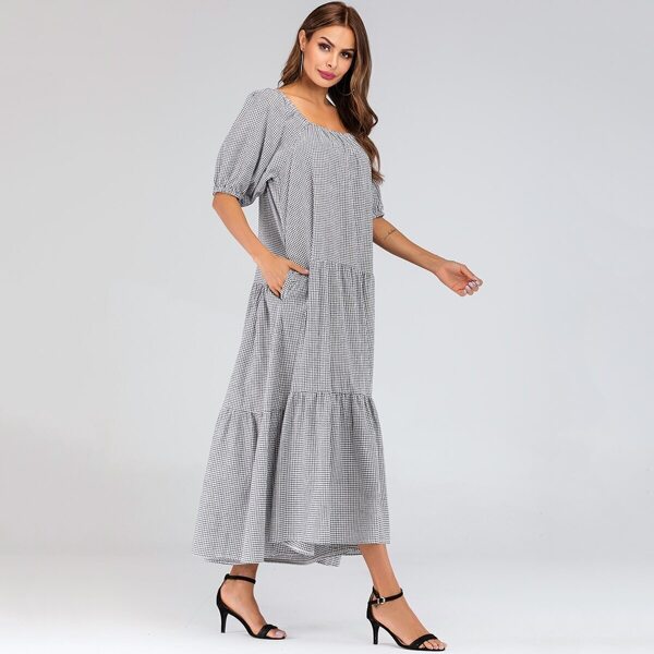 

Gingham Print Bishop Sleeve Square Neck Dress, Grey