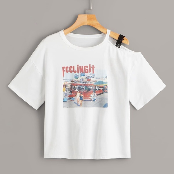 

Cartoon Print Cold Shoulder Tee, White