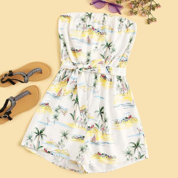 

Tropical Print Self Tie Tube Romper