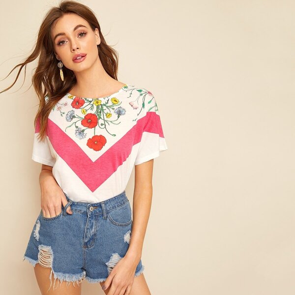 

Floral Print Chevron Tee