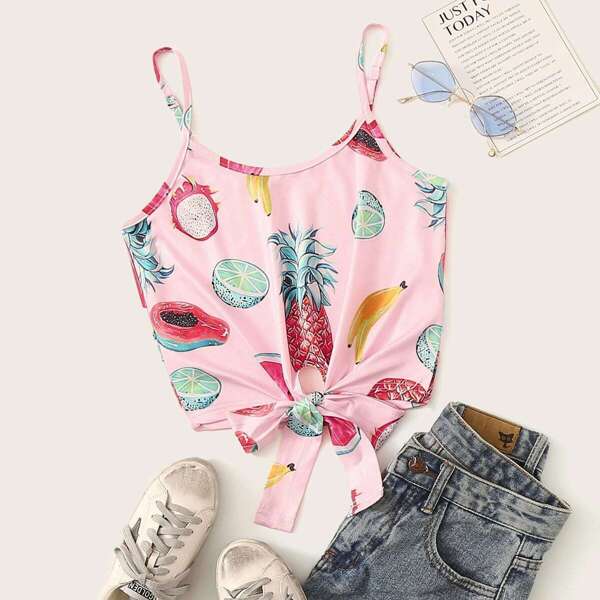 

Fruit Print Knot Hem Cami Top