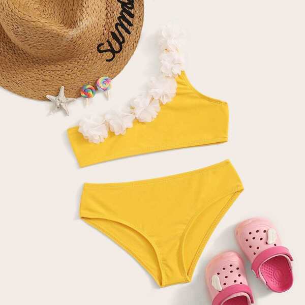 

Girls Flower Applique One Shoulder Bikini Set