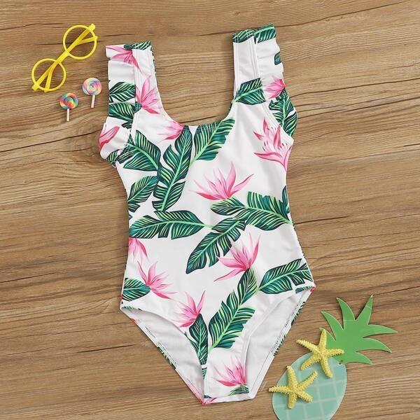 

Girls Random Tropical Print One Piece Swimsuit