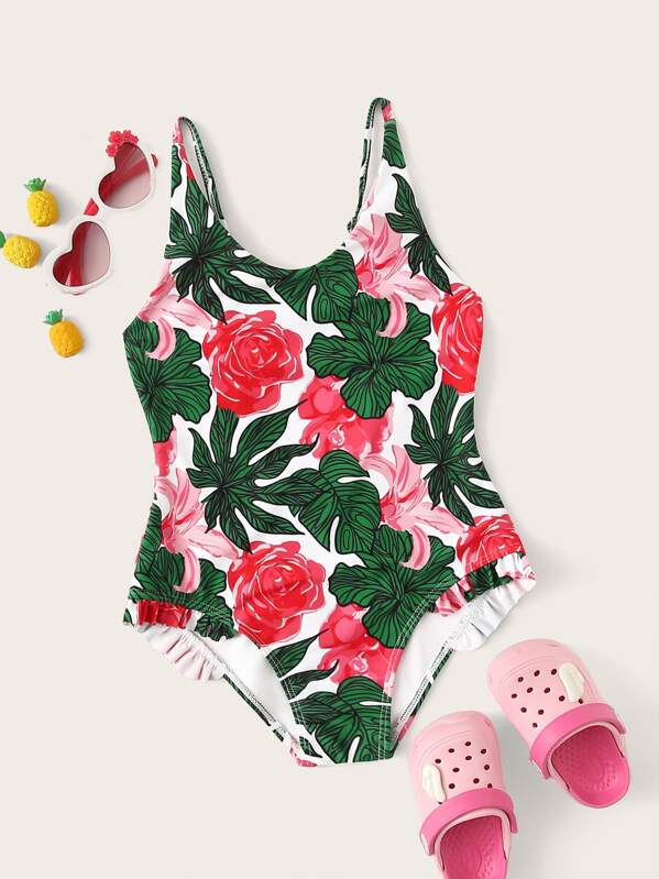 

Girls Random Flower Print One Piece Swimsuit, Multicolor