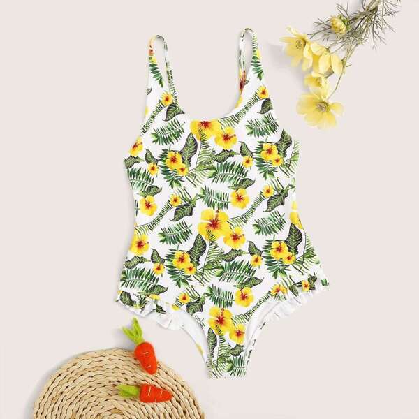 Girls Random Tropical Print One Piece Swimsuit