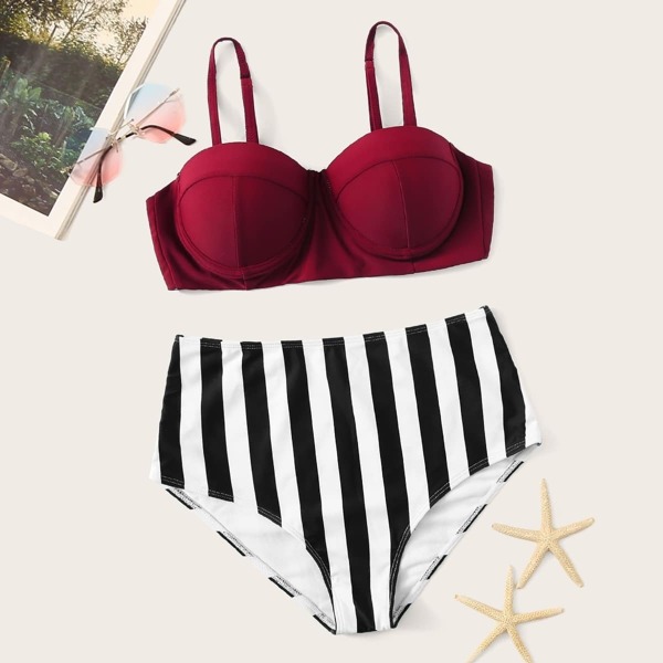 

Underwired Top With High Waist Striped Bikini